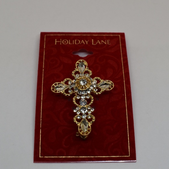 Holiday Lane Gold Tone Crystal Cross Pin - Picture 1 of 3